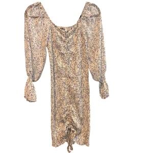 Red Berry Floral Mini Dress‎ Long Sleeve Ruched Drawstring Cottage Size Small